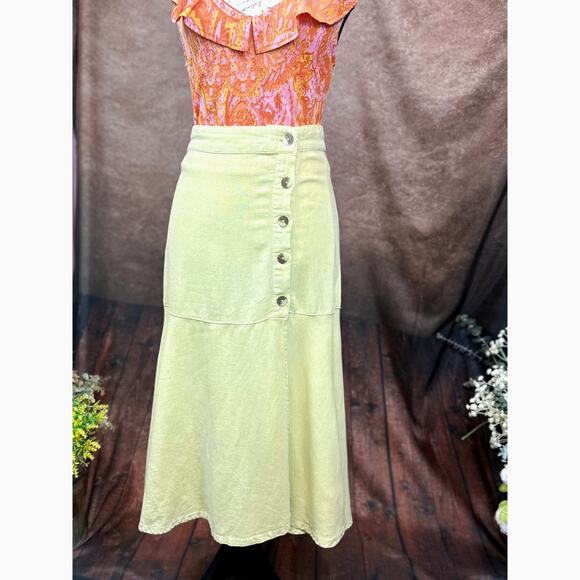 Free People Linen Rayon Poppy Flounce Slit Midi Skirt Citron size 2 - Picture 1 of 16